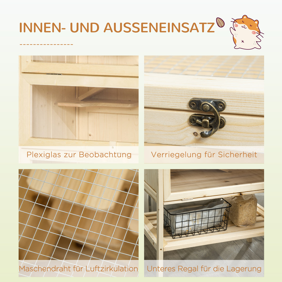 PawHut Hamsterkäfig aus Holz 5 Etagen Nagarium Nagerkäfig Kleintierkäfig mit Gitterdach Rampen, Holzkäfig Mäusekäfig groß Käfig für Hamster Zwerghamster 60 x 40 x 120 cm Naturholz