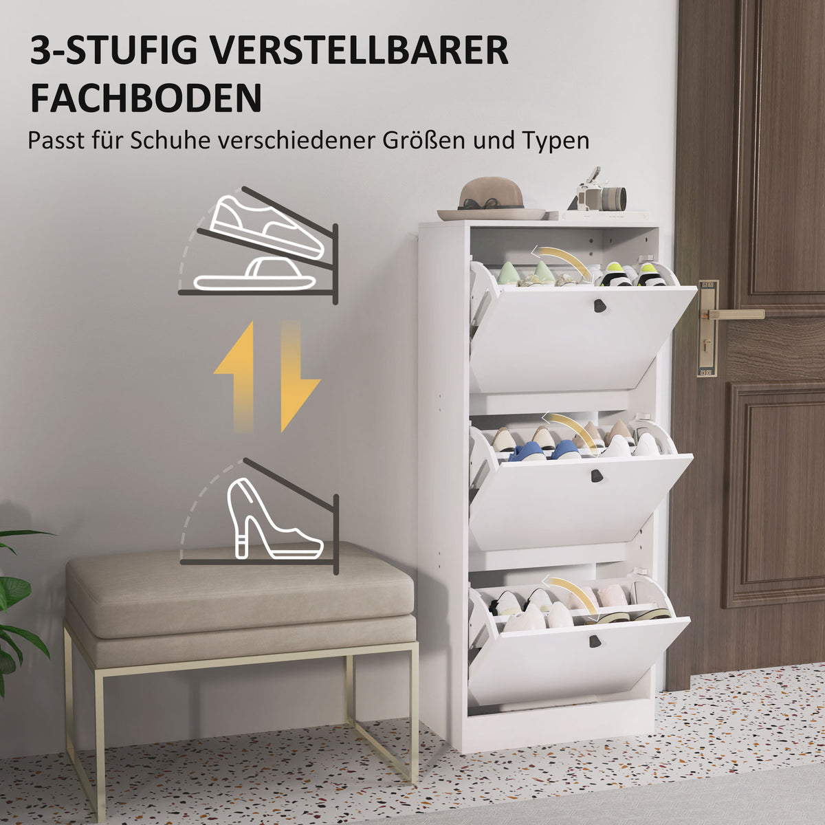 HOMCOM Schuhschrank, Schuhregal, 3 Klappfächer, verstellbar, Spanplatte, Weiß