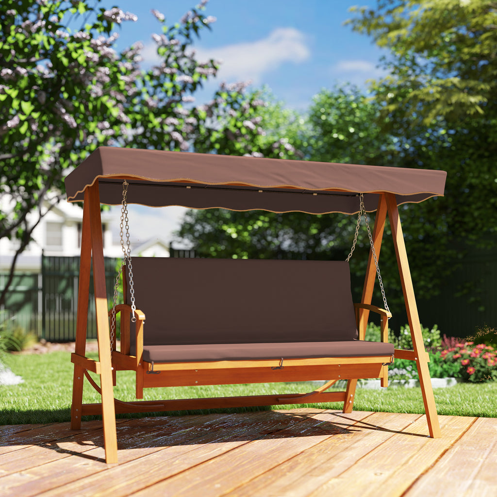 Outsunny Hollywoodschaukel mit Sonnendach, Echtholz-Gartenschaukel, Schaukelbank mit Liege-Funktion, für 3 Personen, Braun