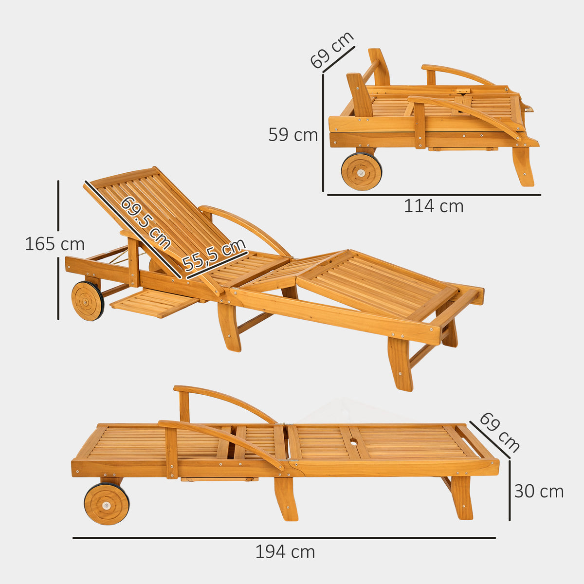 Outsunny Sonnenliege Holz klappbar Gartenliege mit Seitentisch, Rolle, 4-Fach verstellbare Rückenlehne Teak