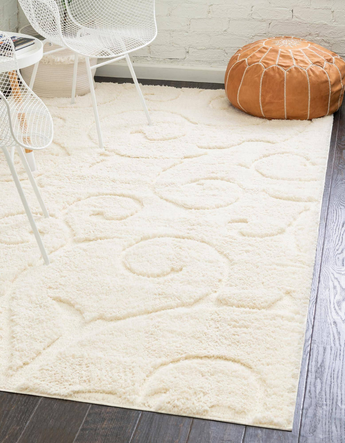 Unique Loom Carved Floral Shag Area Rug (5' x 8' - Ivory)