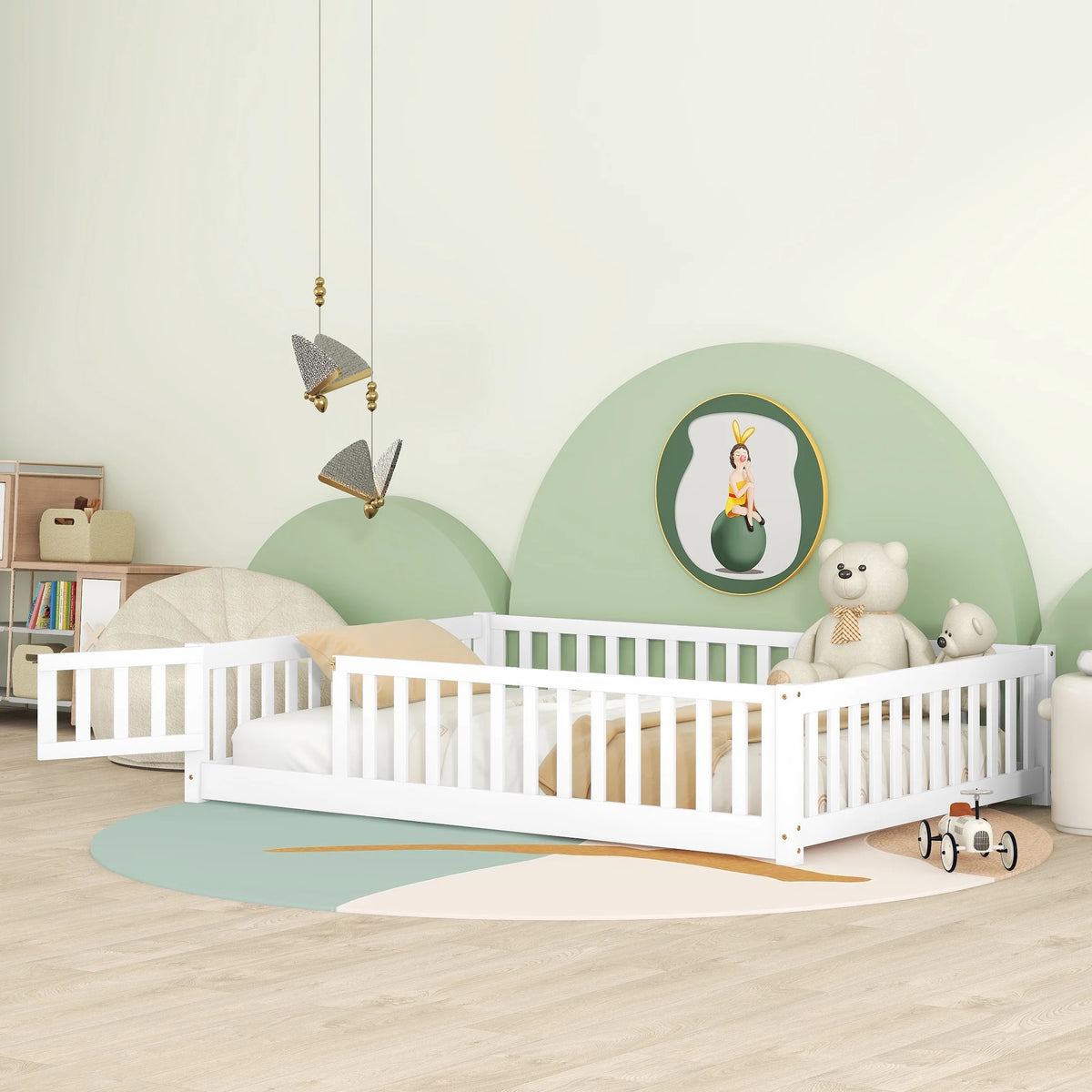 Bellemave Twin Size Floor Beds, Wood Montessori Bed with Fence Railings & Support Slats, No Box Spring Needed (Gray