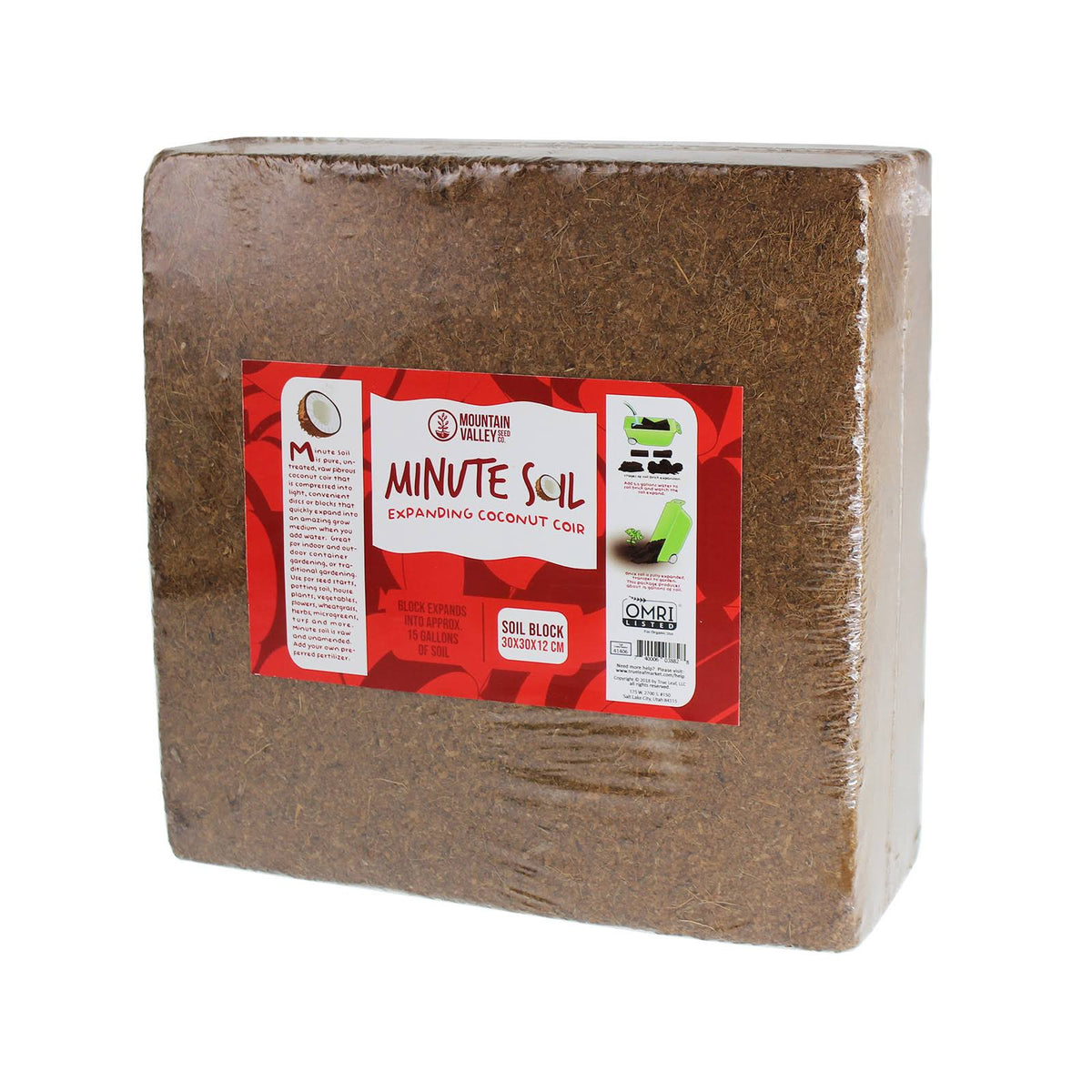Mountain Valley Seed Minute Soil - Compressed Coco Coir Fiber Grow Medium - 1 Block = 15 Gallons of Potting Soil (approx Wheelbarrow Full) - Gardenin