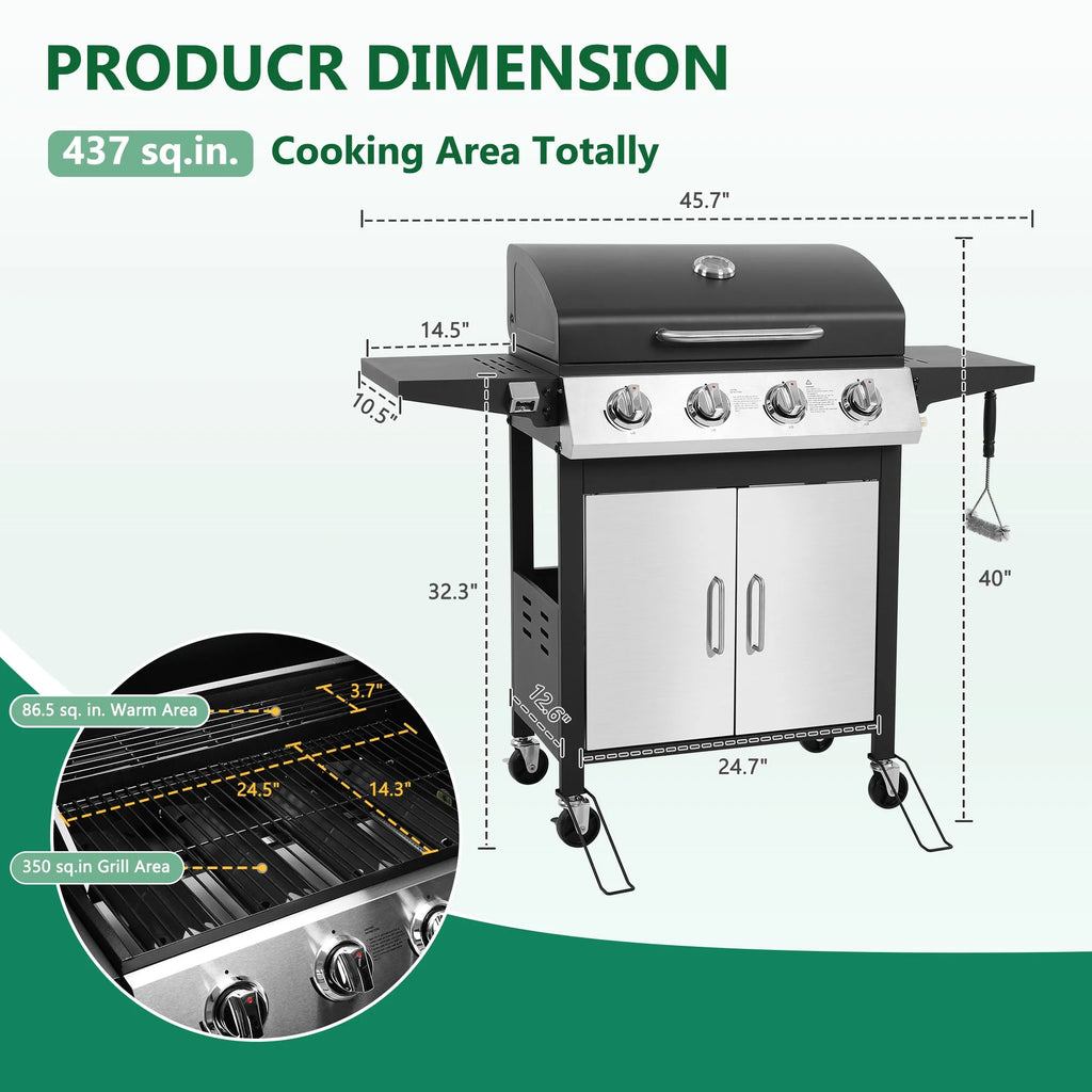 4 - Burner Gas Grill with 4 Universal Wheels & Bottle Opener, 40000BTU Outdoor Grill with Side Table for Camping, Black & Sliver