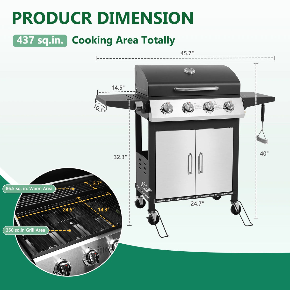 4 - Burner Gas Grill with 4 Universal Wheels & Bottle Opener, 40000BTU Outdoor Grill with Side Table for Camping, Black & Sliver