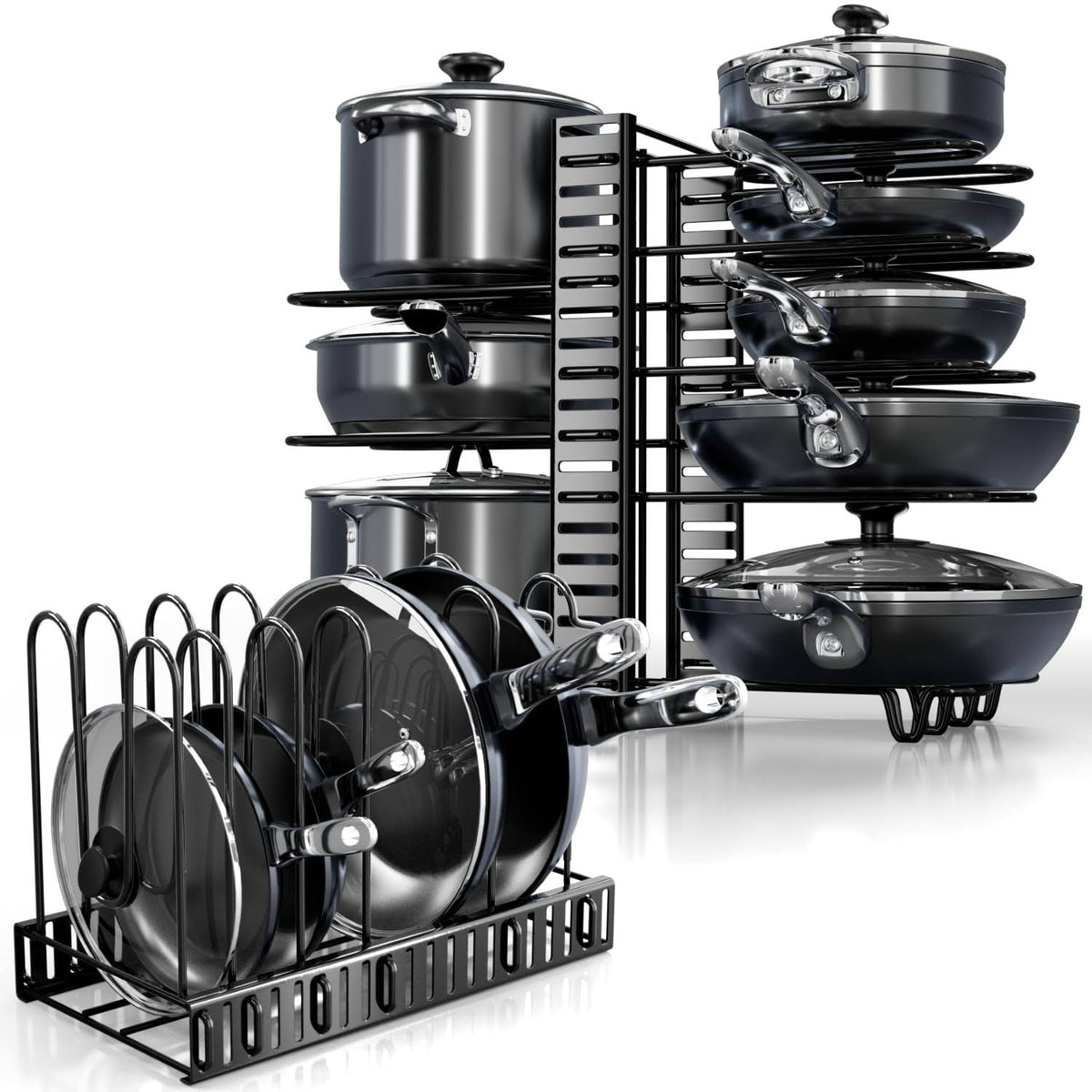 KOMFORA Pots and Pans Organizer Under Cabinet - 8-Tier Adjustable Pan Organizer Rack for Cabinet - Heavy-Duty Pot & Pan Organizer - Perfect to Store