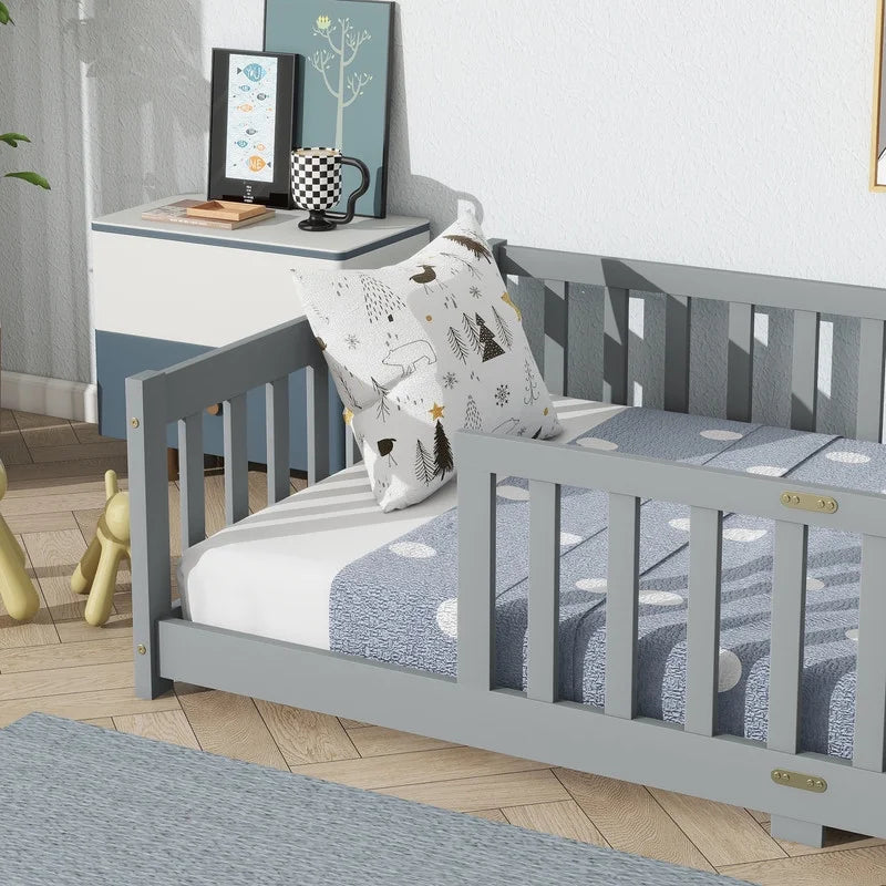 Bellemave Twin Size Floor Beds, Wood Montessori Bed with Fence Railings & Support Slats, No Box Spring Needed (Gray