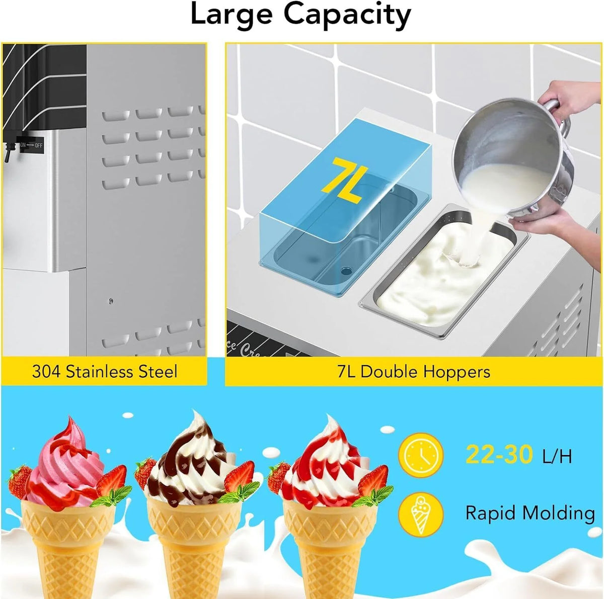 Garvee Commercial Ice Cream Machine 3 - Flavor Floor Soft Serve Yogurt Maker 5.8 - 8gal/H Yield with 2*7 L Hoppers & 2*1.8 L Cylinders
