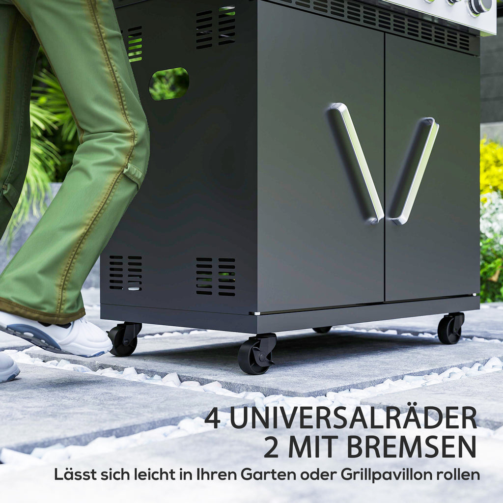 Outsunny Gasgrill 12 KW Grillwagen inkl 5 Brenner Seitenkocher Rolle Deckel Thermometer Seitenablagen 135 x 54 x 110 cm