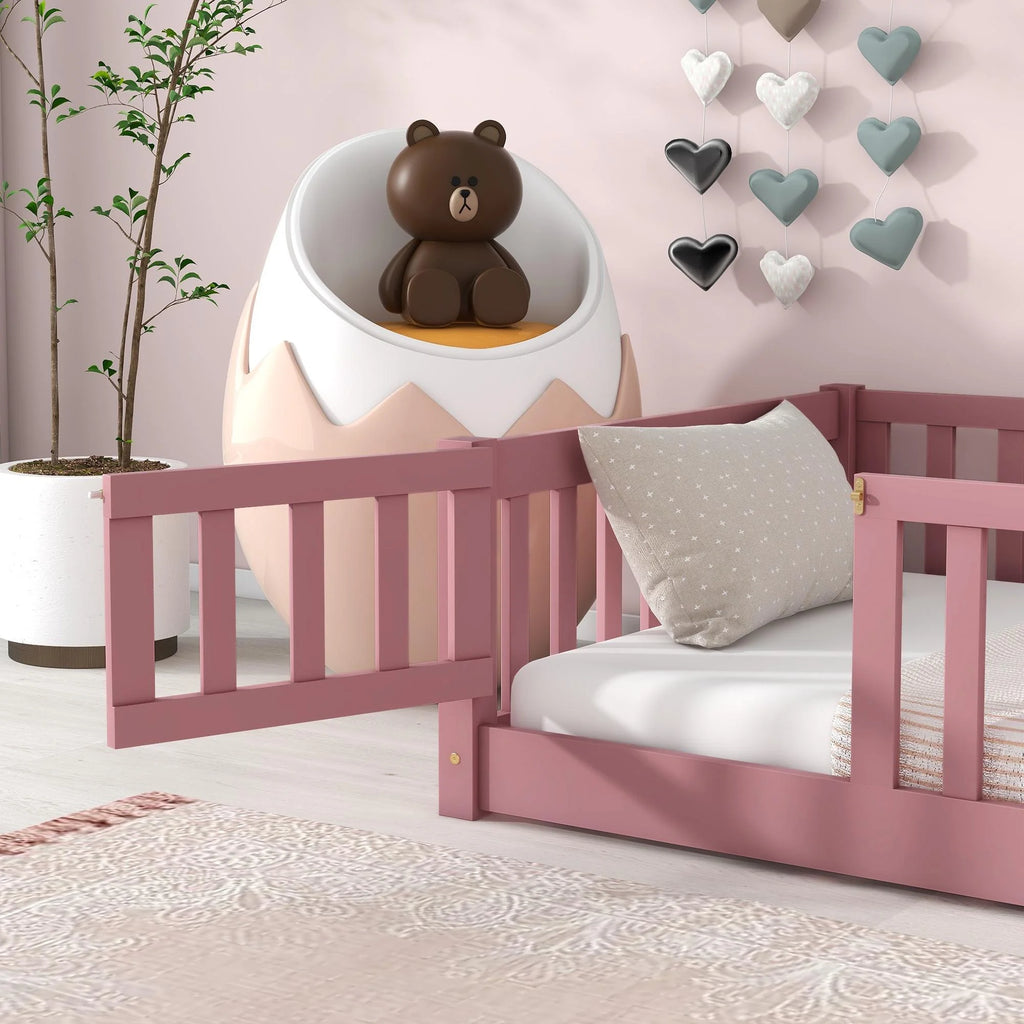 Bellemave Twin Size Floor Beds, Wood Montessori Bed with Fence Railings & Support Slats, No Box Spring Needed (Gray