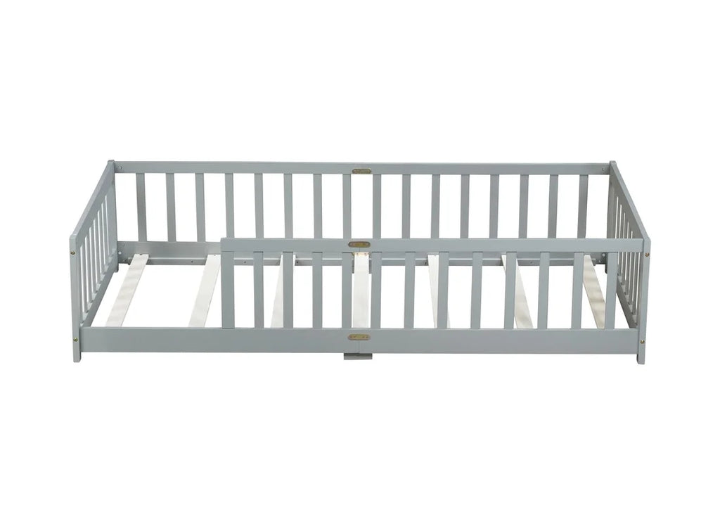 Bellemave Twin Size Floor Beds, Wood Montessori Bed with Fence Railings & Support Slats, No Box Spring Needed (Gray