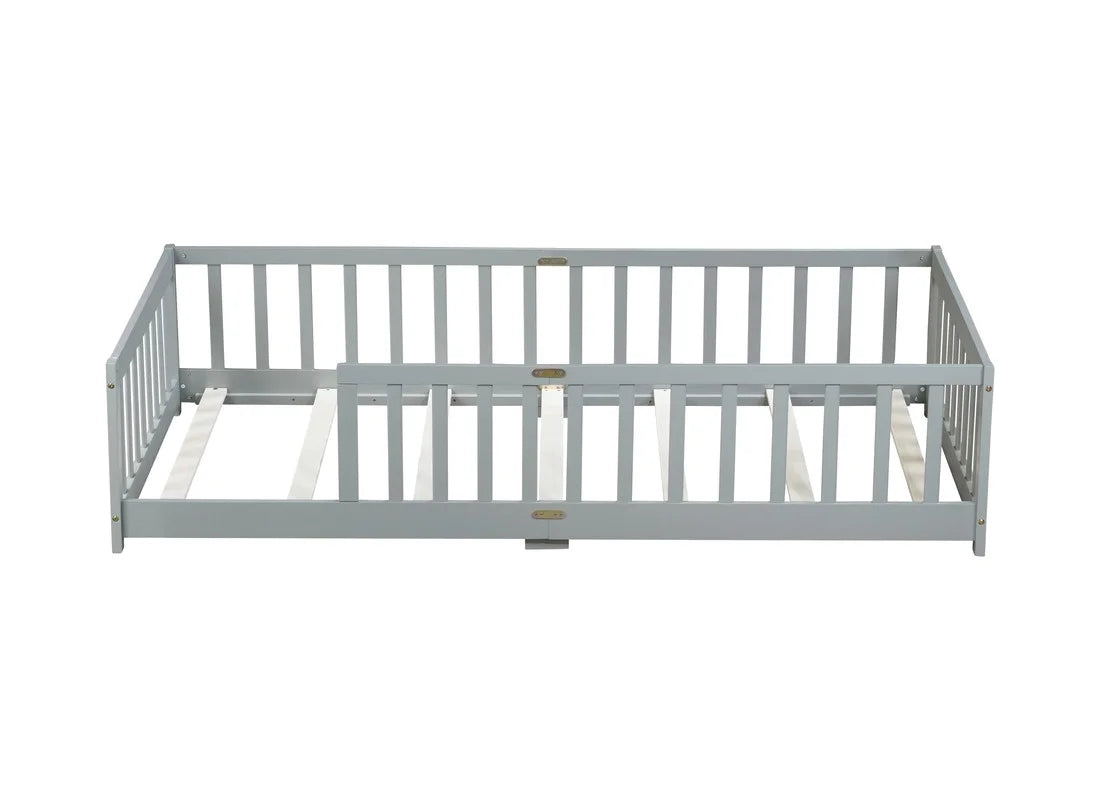 Bellemave Twin Size Floor Beds, Wood Montessori Bed with Fence Railings & Support Slats, No Box Spring Needed (Gray