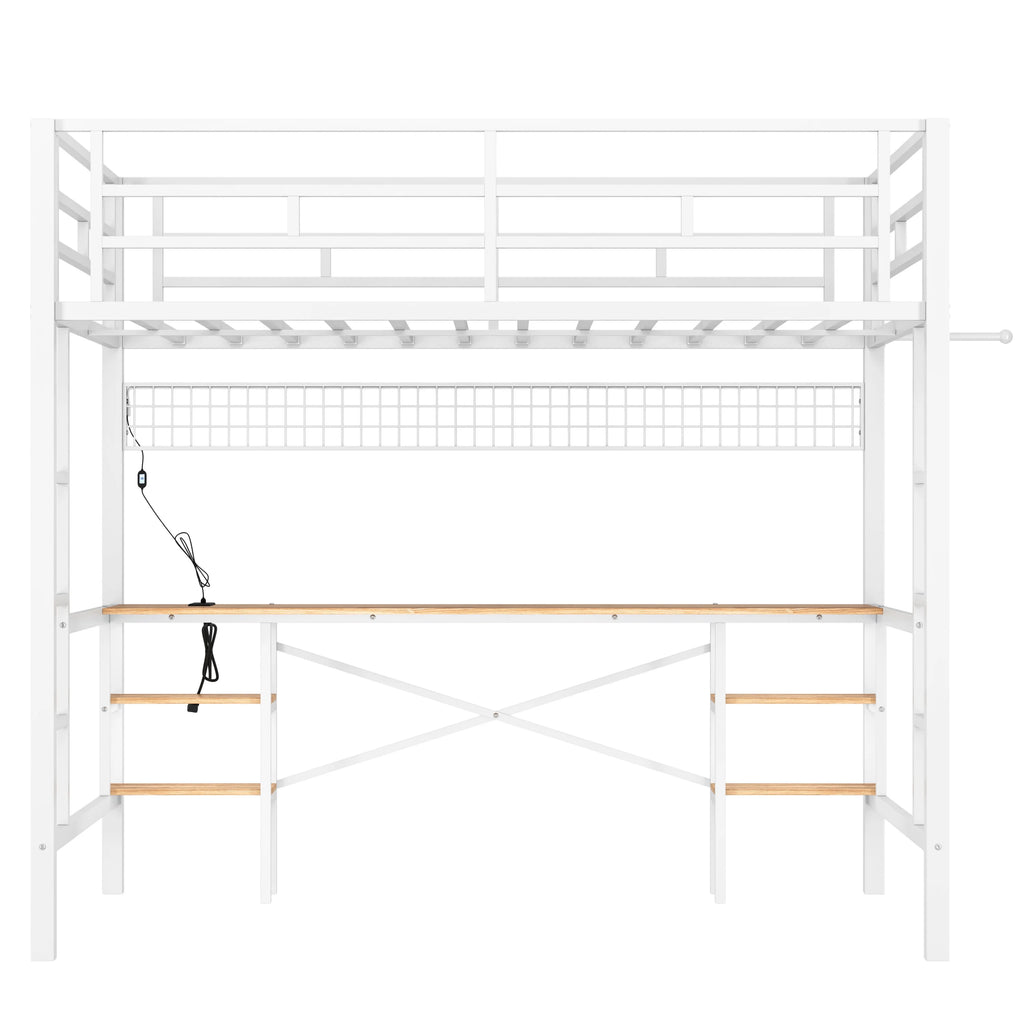 Twin Loft Bed with Desk, UHOMEPRO Metal Loft Bed with LED Lights, Charge Station, DIY Mesh, Clothes Rail, 4 Storage Shelves, Safety Rails and 2 Ladders, Loft Bed for Teen Adult, Black