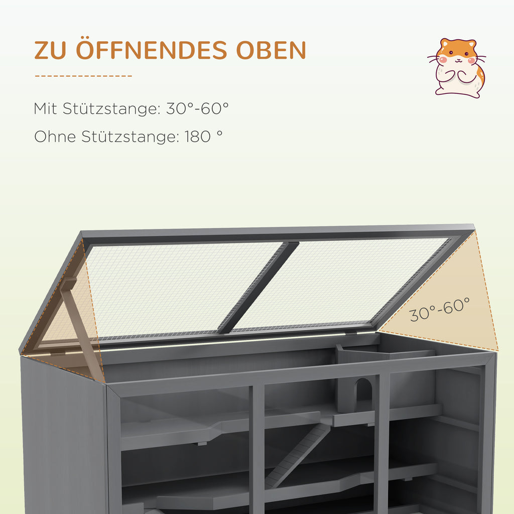 PawHut Zwerghamsterkäfig, Nagerkäfig, Kleintierbox, abschließbar, Holz, pflegeleicht, Grau