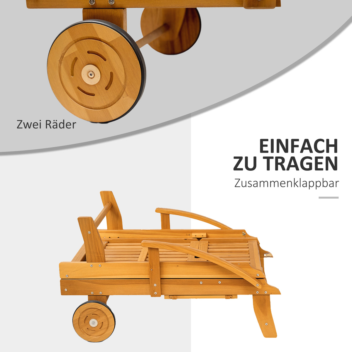 Outsunny Sonnenliege Holz klappbar Gartenliege mit Seitentisch, Rolle, 4-Fach verstellbare Rückenlehne Teak