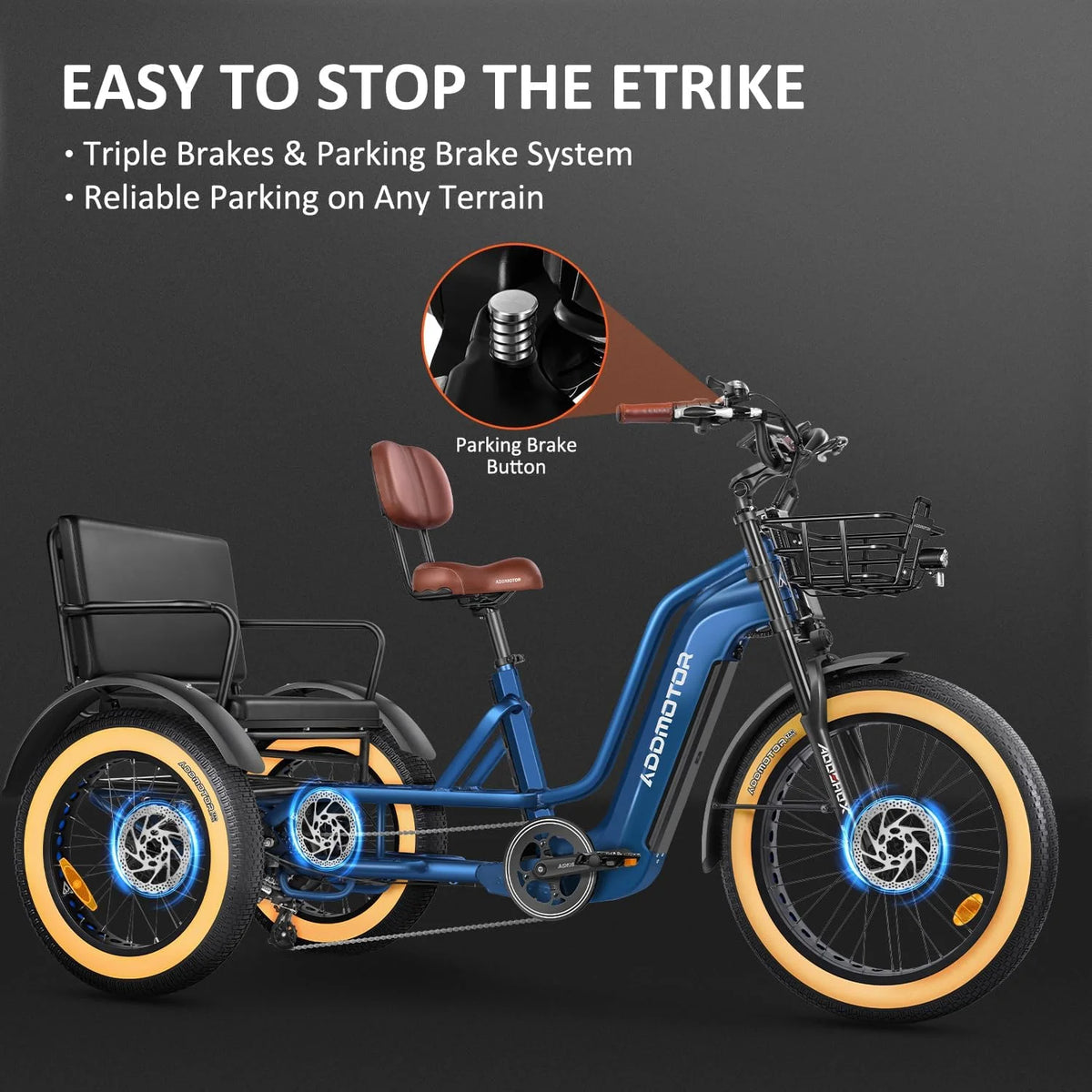 ADDMOTOR GREATTAN L Electric Trike for Adults, 750W Rear Motor Electric Trike with Passenger Seat, 65/130mi 20/40AH 48V, Dual - Battery System 2 Seater Electric Tricycle, Parking Brake, Differential