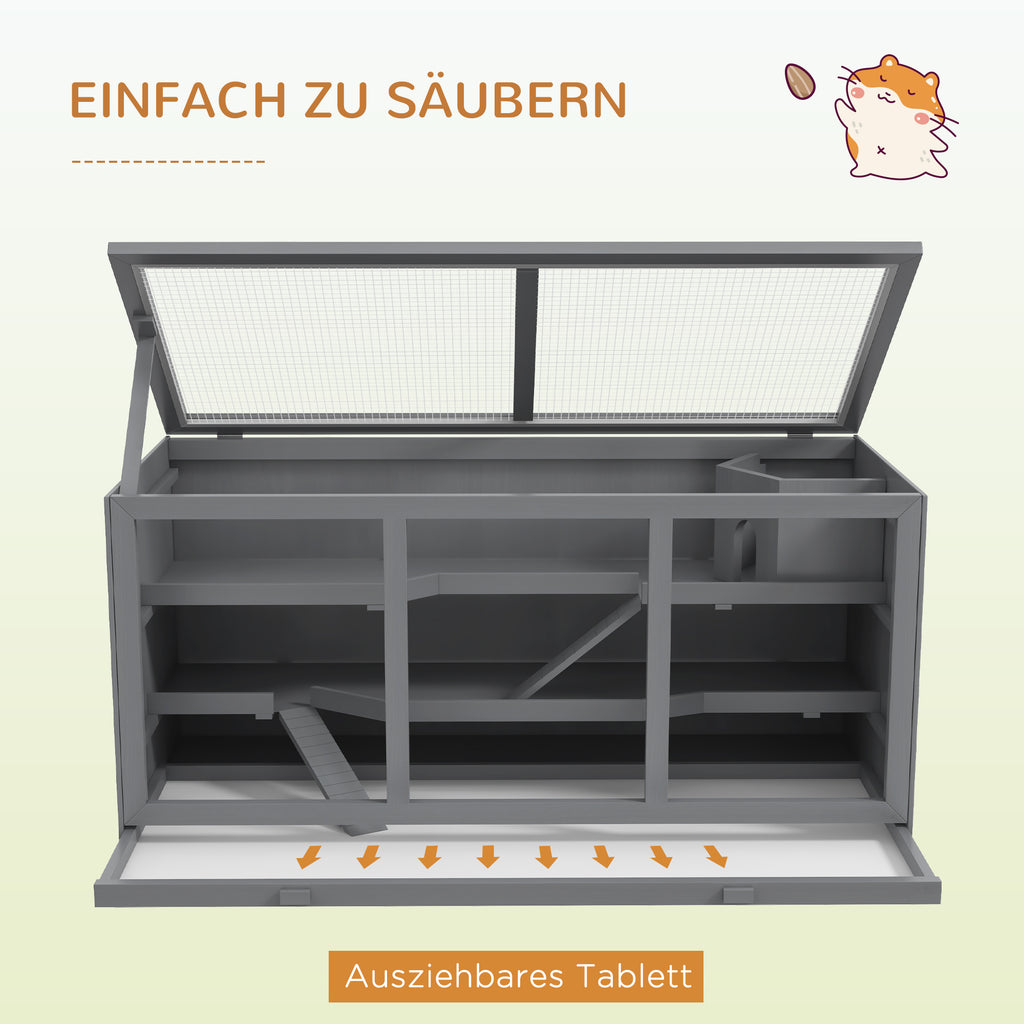 PawHut Zwerghamsterkäfig, Nagerkäfig, Kleintierbox, abschließbar, Holz, pflegeleicht, Grau