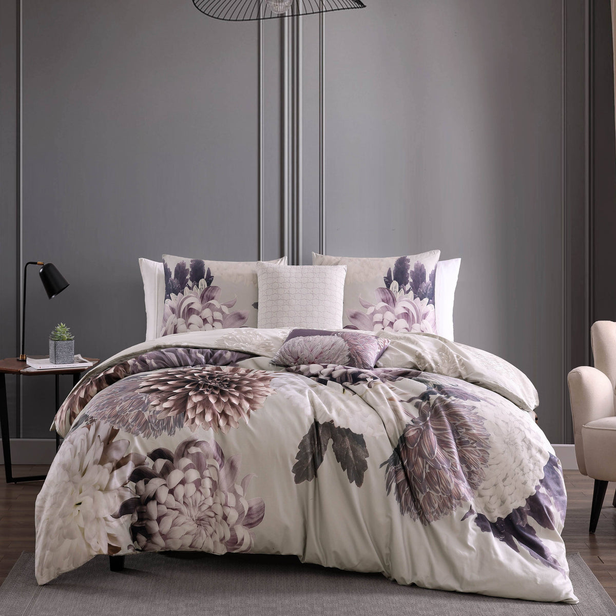 Bebejan Bloom 5 Piece Comforter Set, King, Purple, 100% Cotton, Reversible