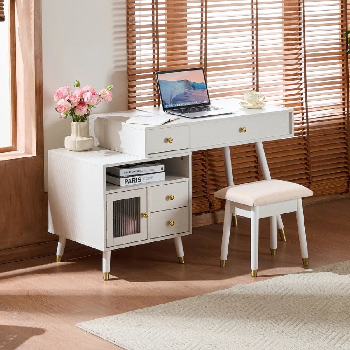 3 - in - 1 Vanity Desk with Lighted Flip - Top Mirror & Adjustable Cabinet, Makeup Dressing Table with Stool, Dresser with Drawers for Bedroom, White
