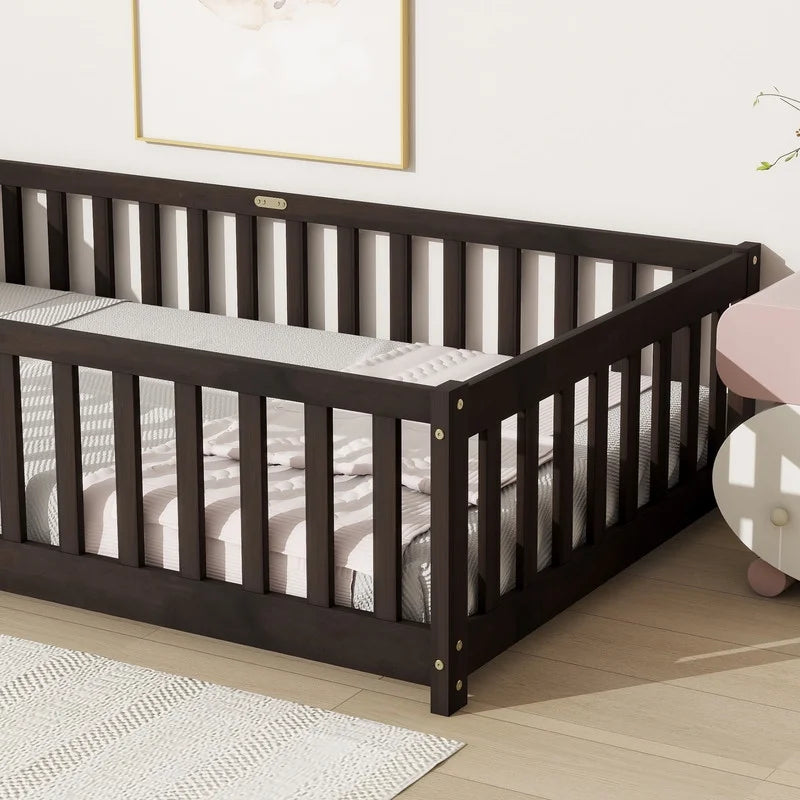 Bellemave Twin Size Floor Beds, Wood Montessori Bed with Fence Railings & Support Slats, No Box Spring Needed (Gray