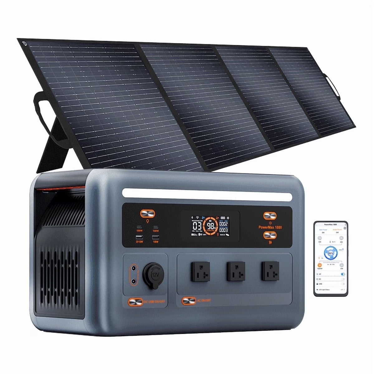 OSCAL Powermax 1800 Solar Generator with 200W Solar Panels, 1024wh LiFePO4 Battery, 1800W (3200W Surge) Portable Power Station, 700W Fast AC Charging, APP Control, 11 Outlets for Home, RV & Camping