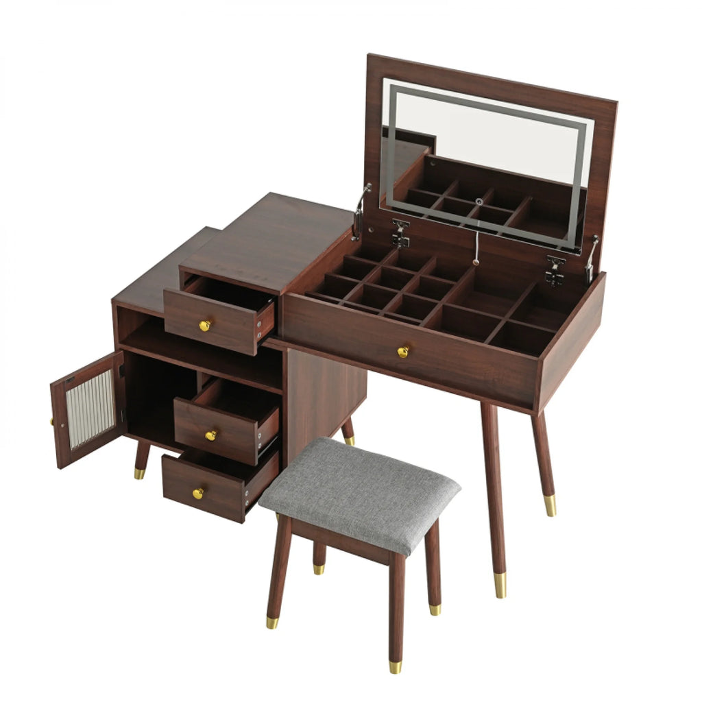 3 - in - 1 Vanity Desk with Lighted Flip - Top Mirror & Adjustable Cabinet, Makeup Dressing Table with Stool, Dresser with Drawers for Bedroom, White