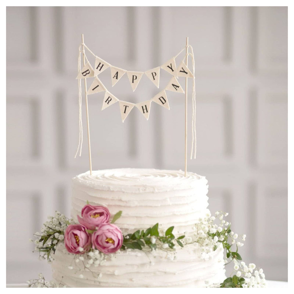 Happy Birthday Cake Bunting Topper Cake Topper Garland, Handmade Pennant Flags with Wood Pole Ivory (Without Pink Rose)