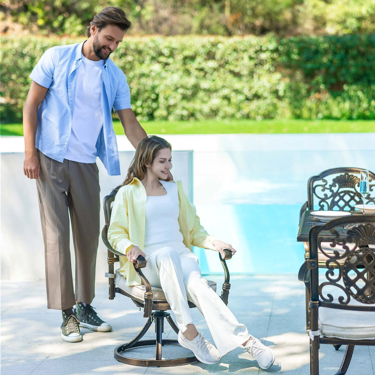 7 - Piece Patio Furniture Dining Set, All - Weather Cast Aluminum Outdoor Table and Chairs for 6, Includes 4 Dining Chair & 2 Swivel Chairs & 60 Rectangular Table, Beige