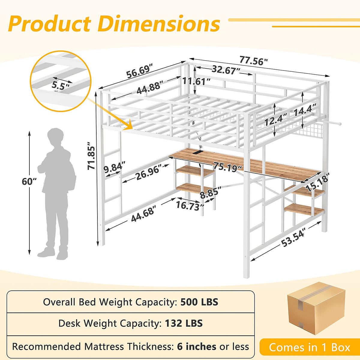 Twin Loft Bed with Desk, UHOMEPRO Metal Loft Bed with LED Lights, Charge Station, DIY Mesh, Clothes Rail, 4 Storage Shelves, Safety Rails and 2 Ladders, Loft Bed for Teen Adult, Black