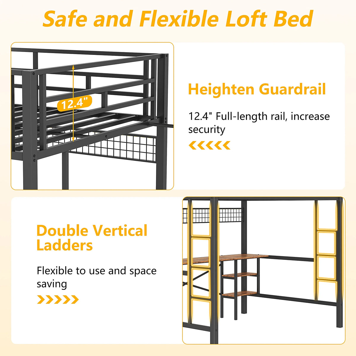 Twin Loft Bed with Desk, UHOMEPRO Metal Loft Bed with LED Lights, Charge Station, DIY Mesh, Clothes Rail, 4 Storage Shelves, Safety Rails and 2 Ladders, Loft Bed for Teen Adult, Black