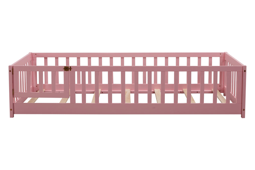 Bellemave Twin Size Floor Beds, Wood Montessori Bed with Fence Railings & Support Slats, No Box Spring Needed (Gray