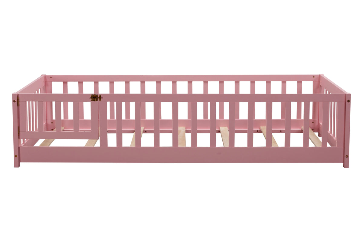 Bellemave Twin Size Floor Beds, Wood Montessori Bed with Fence Railings & Support Slats, No Box Spring Needed (Gray