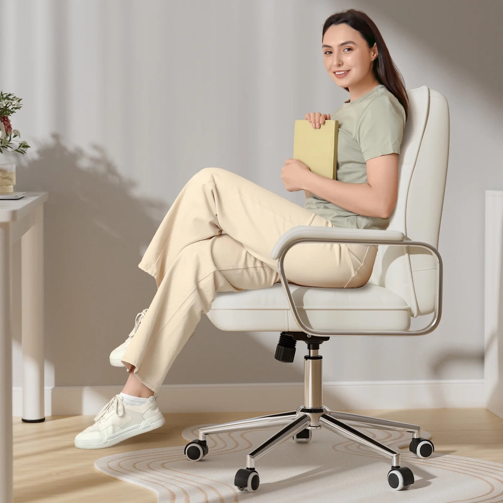 Solfway White Office Chair, Swivel Leather Computer Desk Chair with Wheels and Padded Arms, Executive Office Chair for Adults