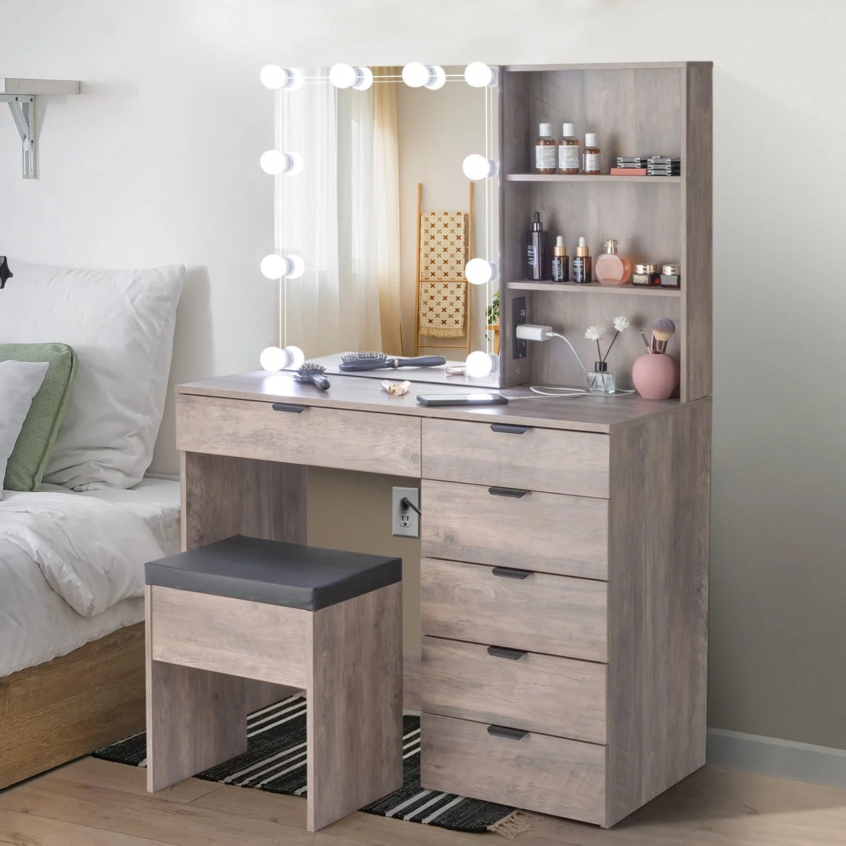 Ktaxon Vanity Set with 3 Color Lighted Mirror & Charging Station, Makeup Table with 6 Drawers, Dressing Table Makeup Desk with Stool, Retro Gray