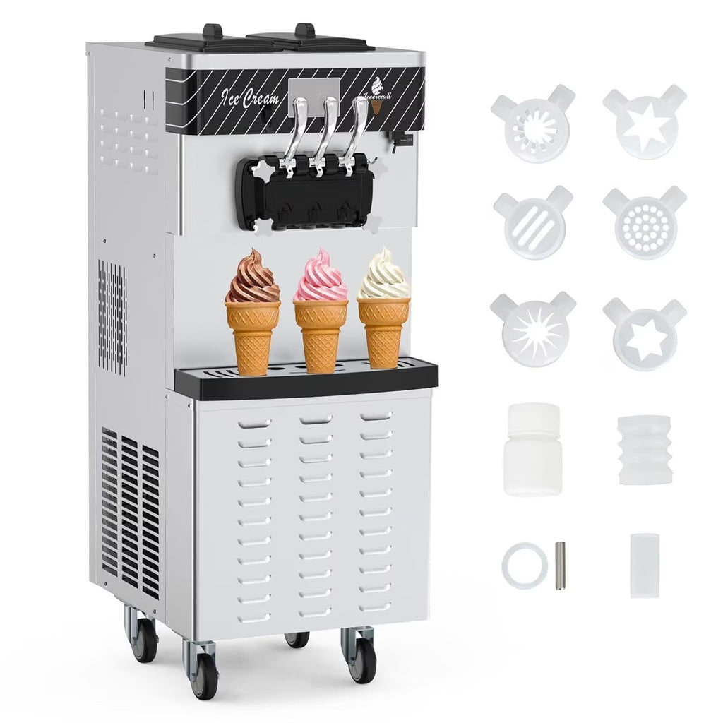Garvee Commercial Ice Cream Machine 3 - Flavor Floor Soft Serve Yogurt Maker 5.8 - 8gal/H Yield with 2*7 L Hoppers & 2*1.8 L Cylinders