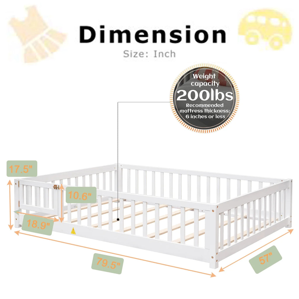 Bellemave Twin Size Floor Beds, Wood Montessori Bed with Fence Railings & Support Slats, No Box Spring Needed (Gray