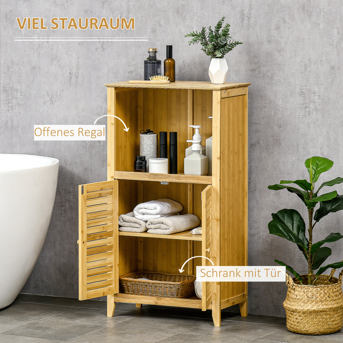 HOMCOM Badezimmerschrank Badschrank Standregal mit 2 Lamellentüren, offenem Regal, Bambus, Aufbewahrungsschrank Schrank für Badezimmer, Wohnzimmer 50 x 25,5 x 92cm Natur