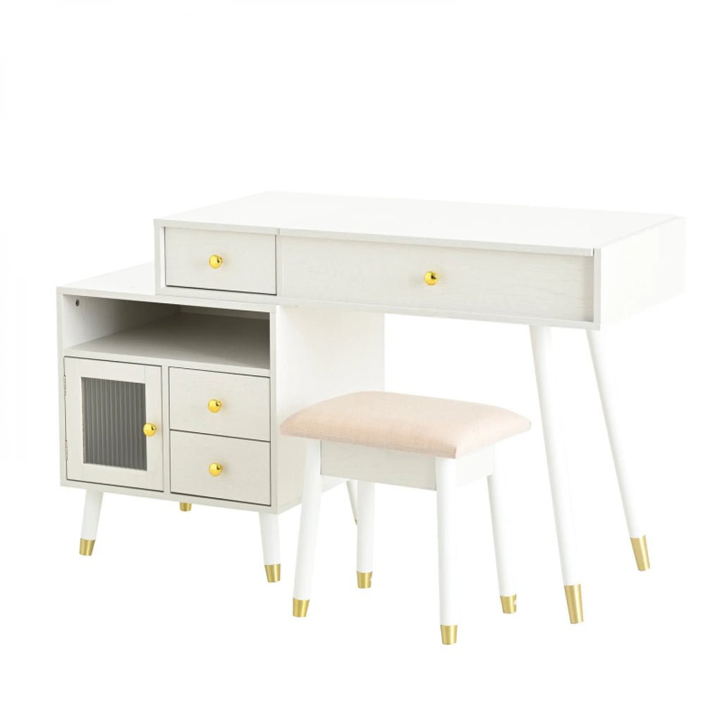 3 - in - 1 Vanity Desk with Lighted Flip - Top Mirror & Adjustable Cabinet, Makeup Dressing Table with Stool, Dresser with Drawers for Bedroom, White