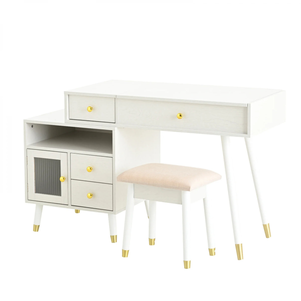 3 - in - 1 Vanity Desk with Lighted Flip - Top Mirror & Adjustable Cabinet, Makeup Dressing Table with Stool, Dresser with Drawers for Bedroom, White