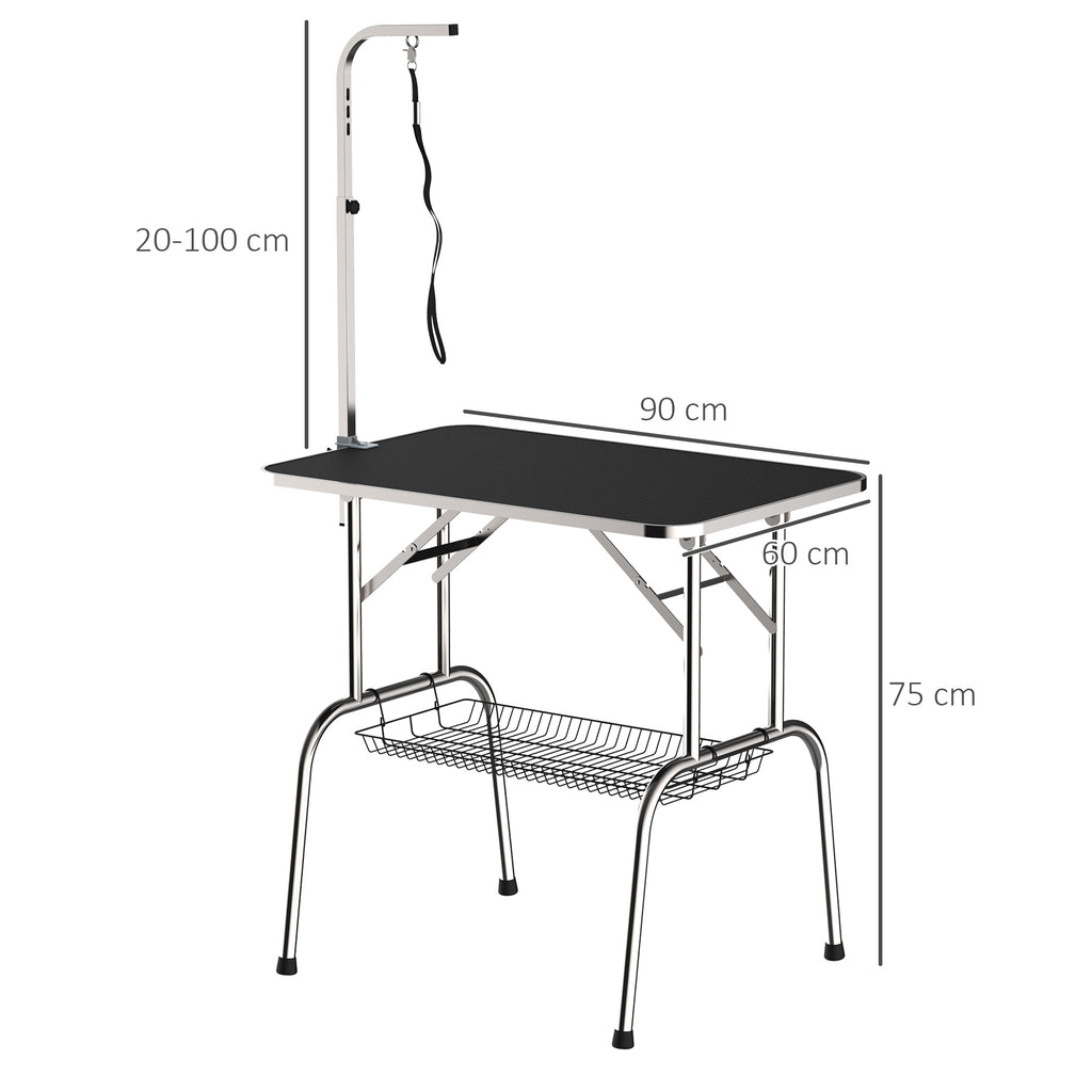 PawHut Trimmtisch Tierpflegetisch Schertisch mit Korb Hundepflegetisch klappbar Hundefriseurtisch Hunde Badetisch höhenverstellbar Edelstahl Schwarz