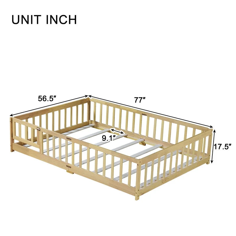 Bellemave Twin Size Floor Beds, Wood Montessori Bed with Fence Railings & Support Slats, No Box Spring Needed (Gray