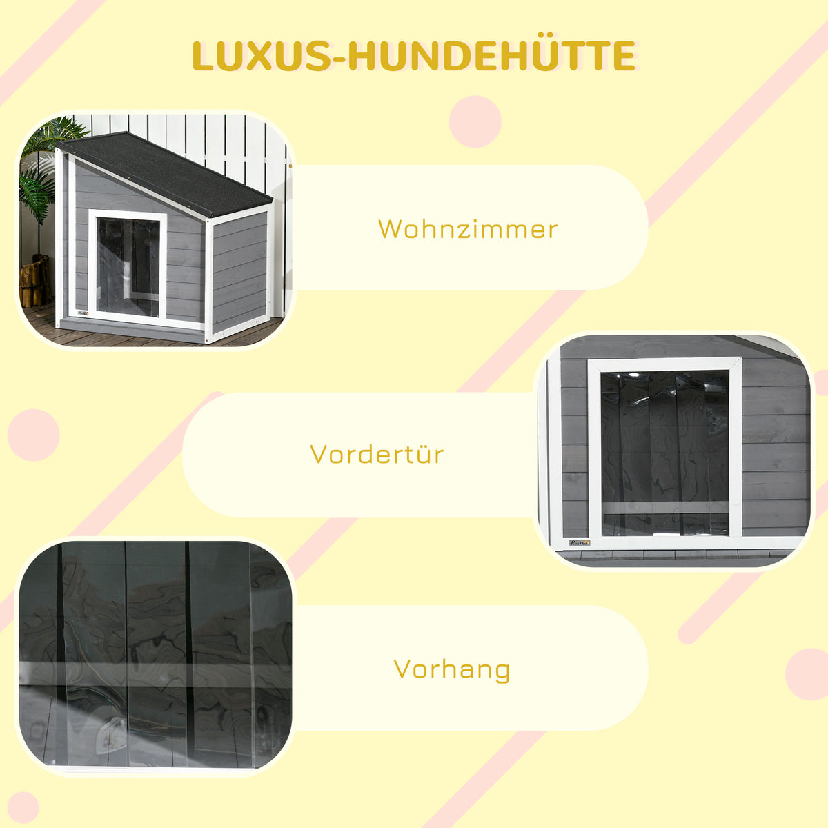 PawHut Hundehütte aus Massivholz, wetterbeständig, Asphaltdach, 71 cm x 58 cm x 77 cm, Grau + Weiß