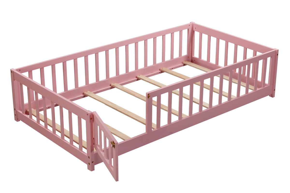 Bellemave Twin Size Floor Beds, Wood Montessori Bed with Fence Railings & Support Slats, No Box Spring Needed (Gray