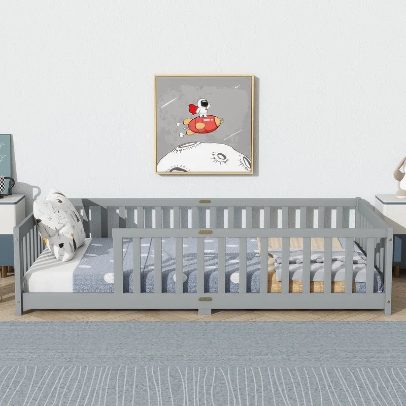 Bellemave Twin Size Floor Beds, Wood Montessori Bed with Fence Railings & Support Slats, No Box Spring Needed (Gray