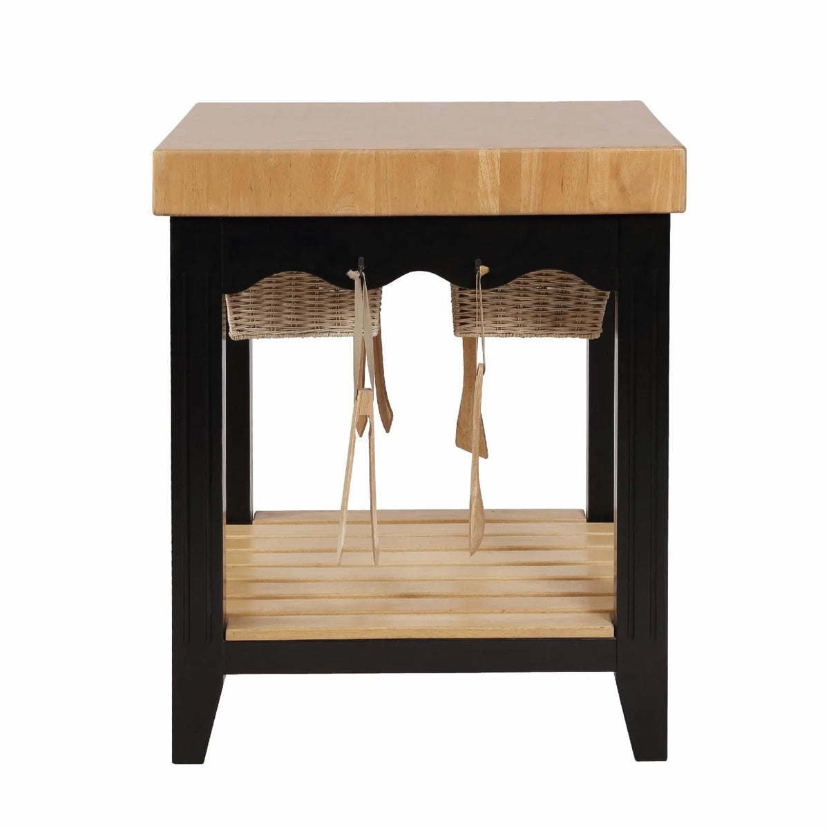 Kolton Square Kitchen Island, Black and Natural with Butcher Block Top