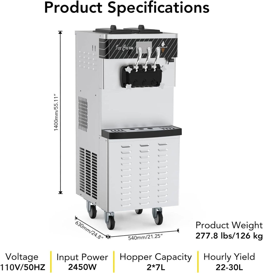 Garvee Commercial Ice Cream Machine 3 - Flavor Floor Soft Serve Yogurt Maker 5.8 - 8gal/H Yield with 2*7 L Hoppers & 2*1.8 L Cylinders