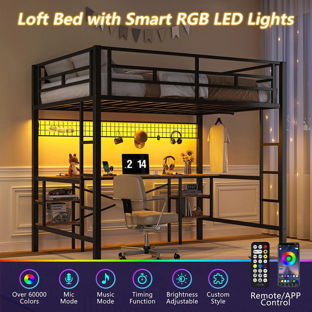 Twin Loft Bed with Desk, UHOMEPRO Metal Loft Bed with LED Lights, Charge Station, DIY Mesh, Clothes Rail, 4 Storage Shelves, Safety Rails and 2 Ladders, Loft Bed for Teen Adult, Black