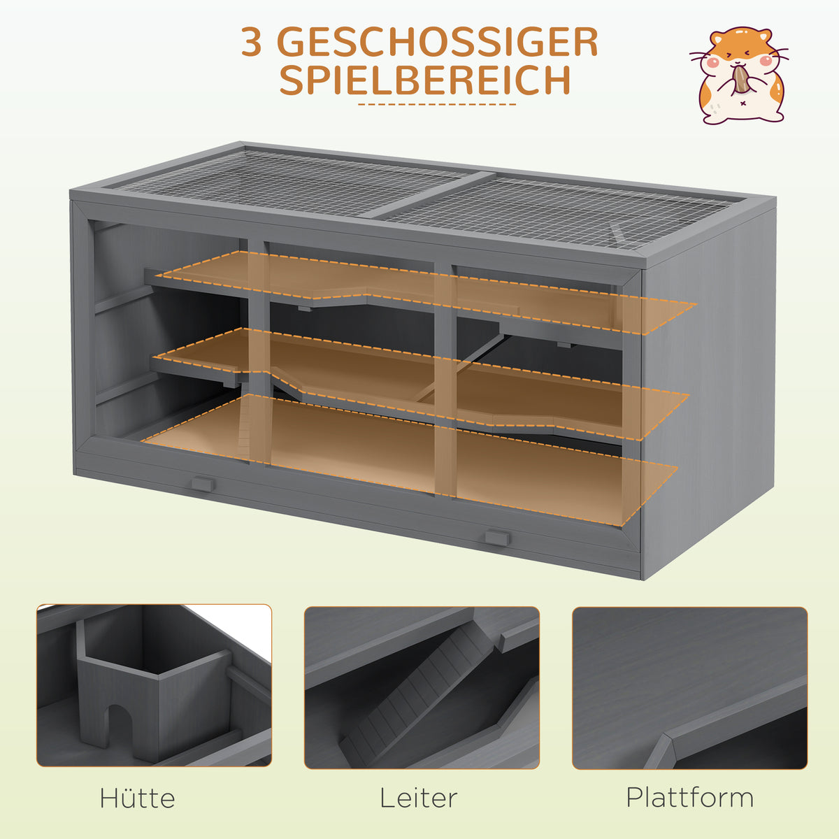 PawHut Zwerghamsterkäfig, Nagerkäfig, Kleintierbox, abschließbar, Holz, pflegeleicht, Grau