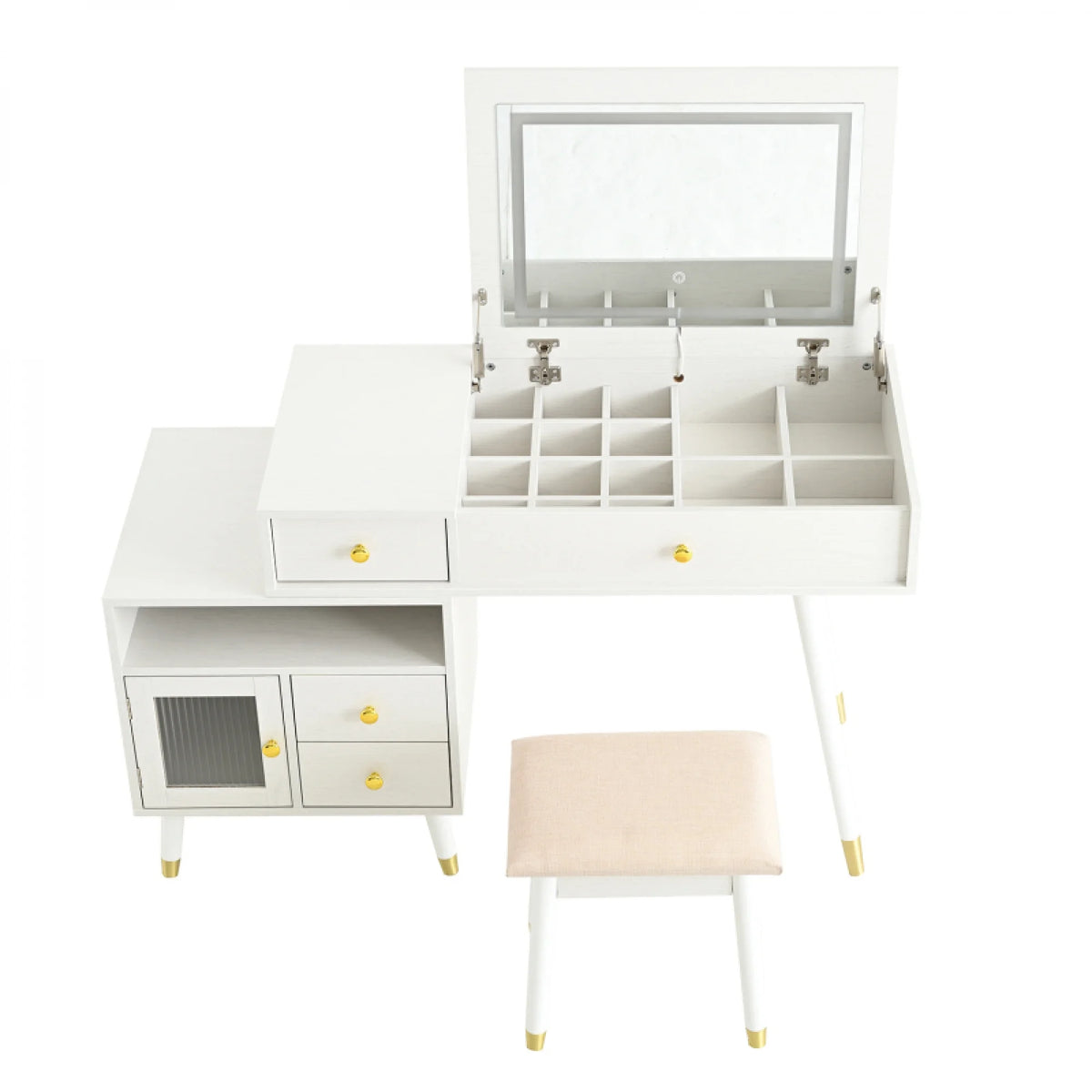 3 - in - 1 Vanity Desk with Lighted Flip - Top Mirror & Adjustable Cabinet, Makeup Dressing Table with Stool, Dresser with Drawers for Bedroom, White