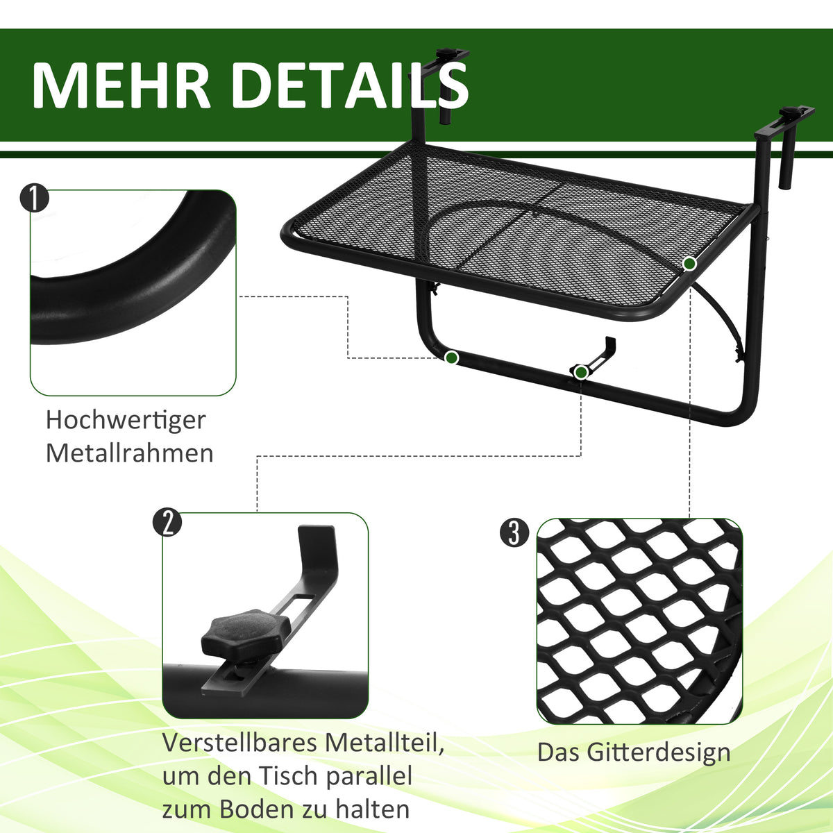 Outsunny Balkonhängetisch Gartentisch höhenverstellbar viereckig Terrasse Metall Schwarz L60 x B56,5 x H45 cm